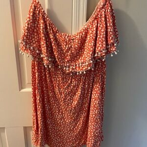 Orange and White Off-Shoulder Dress with Pom-Pom Trim